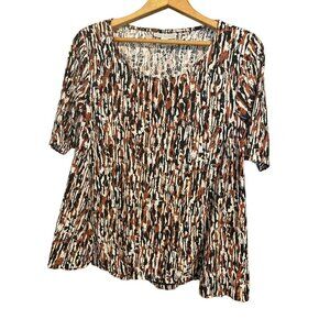 Dana Buchman Shirt Women’s Size S Eyelet Fabric HiLo Top Ethnic Safari Brown BLK